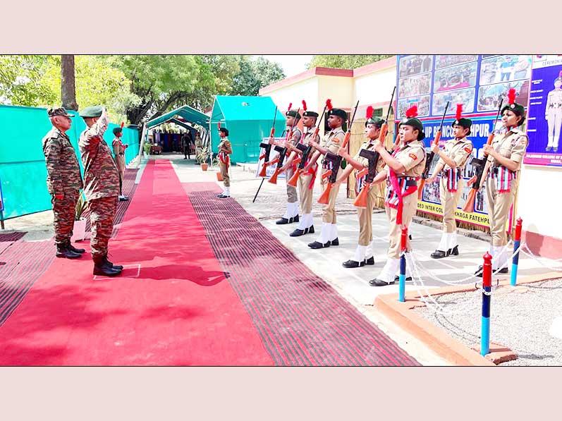 MVM Fatehpur: A Brigadier level inspection was orgnized at 60 UP BN. Maharishi Vidya Mandir Fatehpur NCC cadets participated and were awarded as guard of honor and best performers for briefing session-2024-25. 3 NCC Cadets got an opportunity to meet with Defence Minister Shri Rajnath Singh.