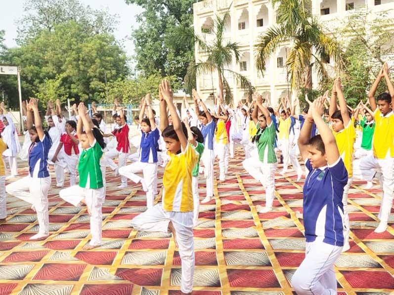 MVM Shahdol : 9th International Yoga day celebrated at Maharishi Vidya Mandir, Shahdol. Students, teachers and staff actively participated in yoga practice.
