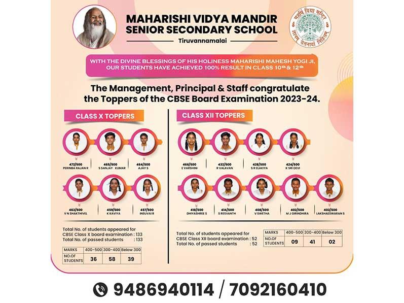 MVM Tiruvannamalai: The students of Maharishi Vidya Mandir Tiruvannamalai excelled in Class-X & XII CBSE Result.